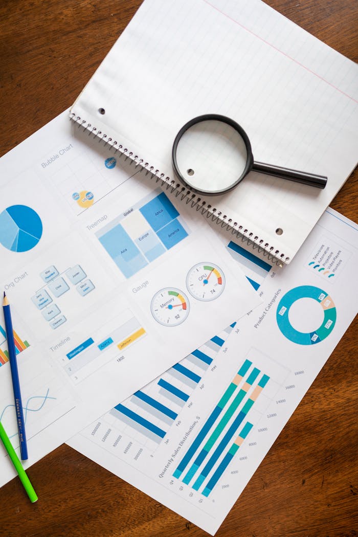 about-us A set of financial charts and graphs with a magnifying glass, perfect for business reports.
